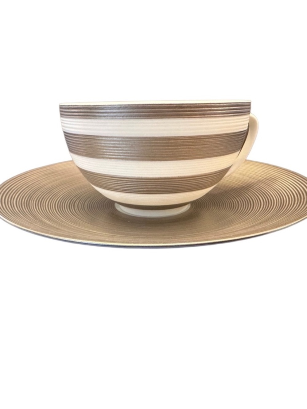 JL Coquet Limoges Porcelain Hemisphere Striped Platinum Tea Cup With Saucer